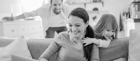 Black and white image of a happy family
